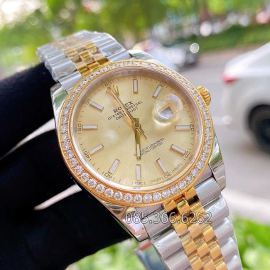 Đồng hồ nam Rolex cơ Automatic mặt vàng dạ quang viền đá 41-40mm - Tặng hộp đẹp, giảm 17%