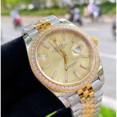 Đồng hồ nam Rolex cơ Automatic mặt vàng dạ quang viền đá 41-40mm - Tặng hộp đẹp, giảm 17%