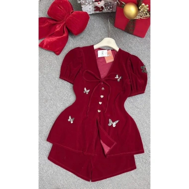 Đùi siêu xinh Tết Noel chất nhung áo tay ngắn cổ V cột nơ, gài nút, phụ kiện bướm - Set MININA chỉ 199.000 VND