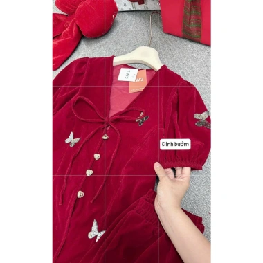 Đùi siêu xinh Tết Noel chất nhung áo tay ngắn cổ V cột nơ, gài nút, phụ kiện bướm - Set MININA chỉ 199.000 VND