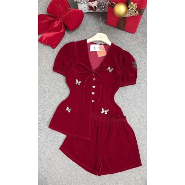 Đùi siêu xinh Tết Noel chất nhung áo tay ngắn cổ V cột nơ, gài nút, phụ kiện bướm - Set MININA chỉ 199.000 VND