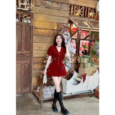 Đùi siêu xinh Tết Noel chất nhung áo tay ngắn cổ V cột nơ, gài nút, phụ kiện bướm - Set MININA chỉ 199.000 VND