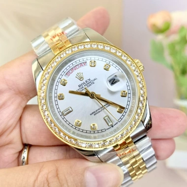 Fullbox đồng hồ nam Rolex Automatic 38/41mm mặt trắng viền đá, dây demi 2 lịch – 2.580.826₫