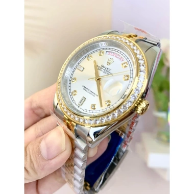 Fullbox đồng hồ nam Rolex Automatic 38/41mm mặt trắng viền đá, dây demi 2 lịch – 2.580.826₫