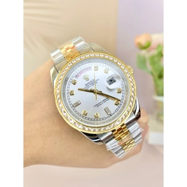 Fullbox đồng hồ nam Rolex Automatic 38/41mm mặt trắng viền đá, dây demi 2 lịch – 2.580.826₫