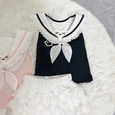 F&X Retro Nhật Bản Áo vest cổ ngọt ngào phong cách thủy thủ Y2K ren khâu dây mùa hè