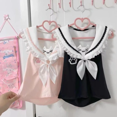 F&X Retro Nhật Bản Áo vest cổ ngọt ngào phong cách thủy thủ Y2K ren khâu dây mùa hè 6 F&X Retro Nhật Bản Áo vest cổ ngọt ngào phong cách thủy thủ Y2K ren khâu dây mùa hè 6
