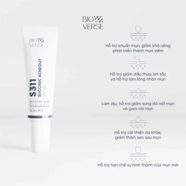 Gel Chấm Mụn Bioverse S311 Succinic Acneout 10ml - Gom Cồi, Dịu Sưng, Giá 149k 3 Gel Chấm Mụn Bioverse S311 Succinic Acneout 10ml - Gom Cồi, Dịu Sưng, Giá 149k 3