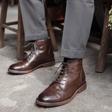 Giày Boots Nam Cổ Cao Da Bò Thật Màu Nâu, Giày Tây Đen Khoá Kéo TONKIN