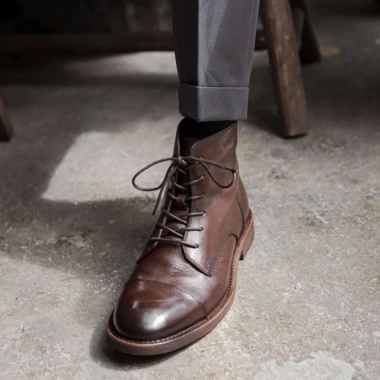 Giày Boots Nam Cổ Cao Da Bò Thật Màu Nâu, Giày Tây Đen Khoá Kéo TONKIN