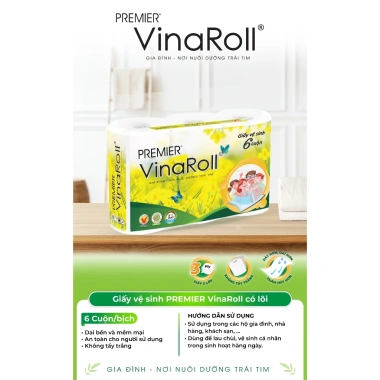Giấy vệ sinh PREMIER VinaRoll 3 lớp có lõi, bột nguyên sinh, không chất tẩy - 6 cuộn/lốc 148k