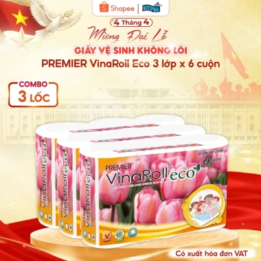 Giấy vệ sinh PREMIER VinaRoll Eco 3 lớp không lõi 1 nguyên chất + 2 tái chế không chất tẩy - 6 cuộn/lốc 135k
