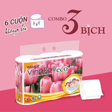 Giấy vệ sinh PREMIER VinaRoll Eco 3 lớp không lõi 1 nguyên chất + 2 tái chế không chất tẩy - 6 cuộn/lốc 135k