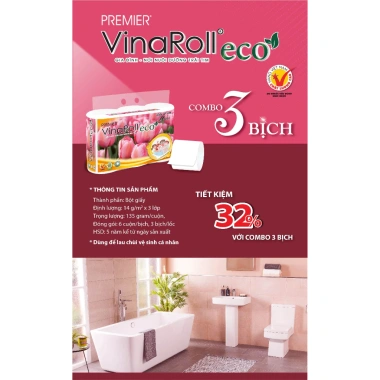 Giấy vệ sinh PREMIER VinaRoll Eco 3 lớp không lõi 1 nguyên chất + 2 tái chế không chất tẩy - 6 cuộn/lốc 135k