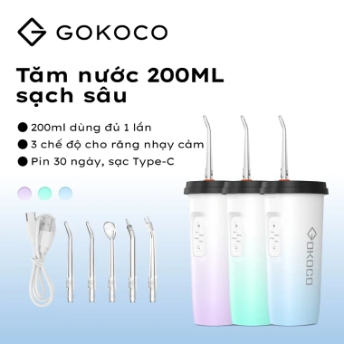 GOKOCO Máy Tăm Nước Cầm Tay IPX7 3 Chế Độ Áp Lực, Sạc Nhanh Type-C, Dùng 30 Ngày - Giá 318.000 VND