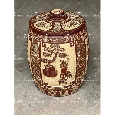 Hũ Gạo 20kg Gốm Bát Tràng Khắc Nổi Hoạ Tiết Phú Quý Trường Xuân - Phong Thủy 3