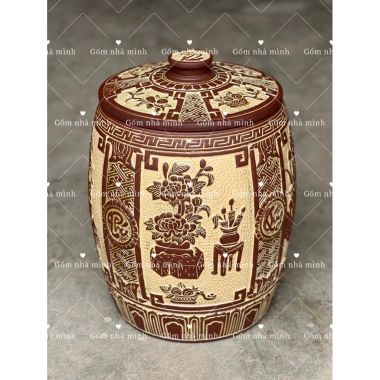Hũ Gạo 20kg Gốm Bát Tràng Khắc Nổi Hoạ Tiết Phú Quý Trường Xuân - Phong Thủy 4