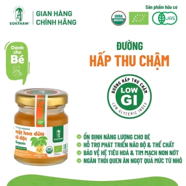 Hũ mini 65g Mật Hoa Dừa Organic Sokfarm – Ngọt thanh, thay thế mật ong cho bé