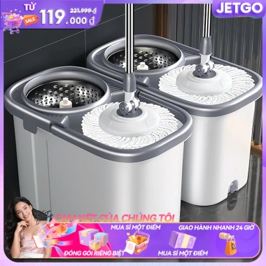 JETGO Cây lau nhà xoay thép không gỉ, microfibre siêu hút nước, bánh xe kèm thùng