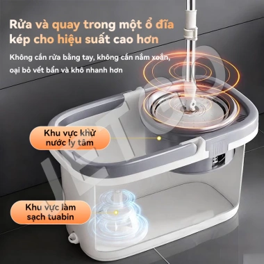 JETGO Cây lau nhà xoay thép không gỉ, microfibre siêu hút nước, bánh xe kèm thùng
