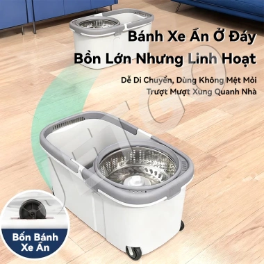 JETGO Cây lau nhà xoay thép không gỉ, microfibre siêu hút nước, bánh xe kèm thùng