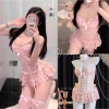 Jum Ngủ Lụa Ren Eo Hoạ Tiết Cherry Croset Nơ Xoè - Hube Sleepwear QC Loại 1