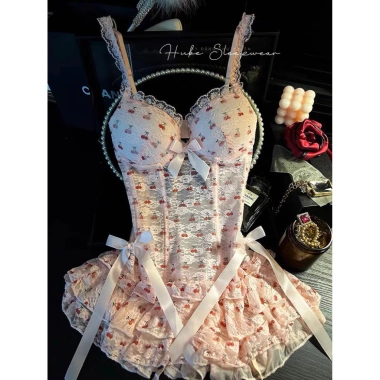 Jum Ngủ Lụa Ren Eo Hoạ Tiết Cherry Croset Nơ Xoè - Hube Sleepwear QC Loại 1 7