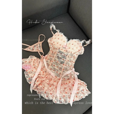Jum Ngủ Lụa Ren Eo Hoạ Tiết Cherry Croset Nơ Xoè - Hube Sleepwear QC Loại 1 8
