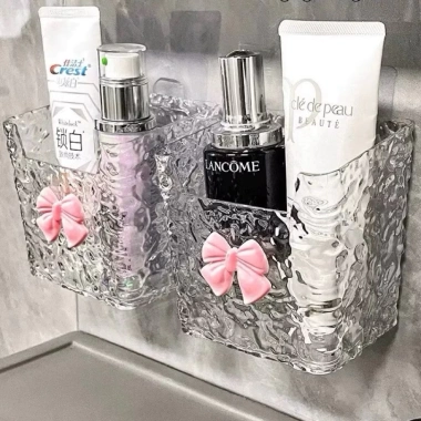 Kệ Đồ Nhà Tắm Trong Suốt Hình Nơ - Hộp Đựng Mỹ Phẩm Treo Tường Đáng Yêu, Decor Phòng Tắm
