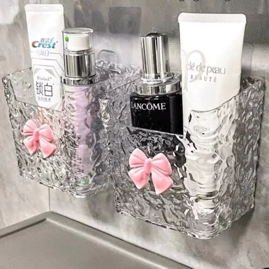 Kệ Đồ Nhà Tắm Trong Suốt Hình Nơ - Hộp Đựng Mỹ Phẩm Treo Tường Đáng Yêu, Decor Phòng Tắm