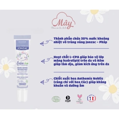 Kem dưỡng ẩm hữu cơ Eau Thermale Jonzac cho bé: Phục hồi da, ngừa hăm, giảm ngứa rôm sảy, giá ưu đãi 320.000₫