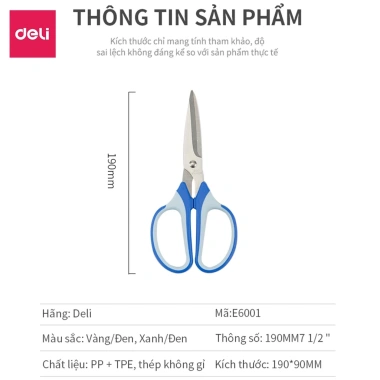 Kéo cắt Deli E6.001 - Lưỡi thép không gỉ, sắc bén bền, cắt vải, giấy, thủ công - 43.450₫