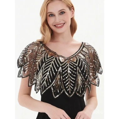 Khăn choàng sequin hạt 1.920 - Filipiniana cô dâu, bolero thêu lá zigzag, che phủ