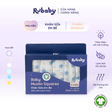 Khăn Sữa Em Bé 100% Cotton Rubaby GOTS Mềm Mại, Thoáng Mát, Thấm Hút - Set 6