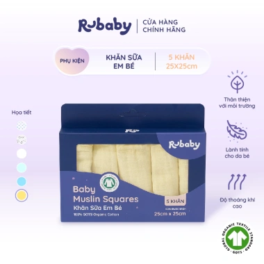 Khăn Sữa Em Bé 100% Cotton Rubaby GOTS Mềm Mại, Thoáng Mát, Thấm Hút - Set 6