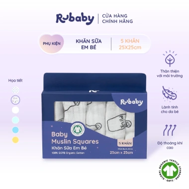 Khăn Sữa Em Bé 100% Cotton Rubaby GOTS Mềm Mại, Thoáng Mát, Thấm Hút - Set 6
