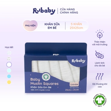 Khăn Sữa Em Bé 100% Cotton Rubaby GOTS Mềm Mại, Thoáng Mát, Thấm Hút - Set 6