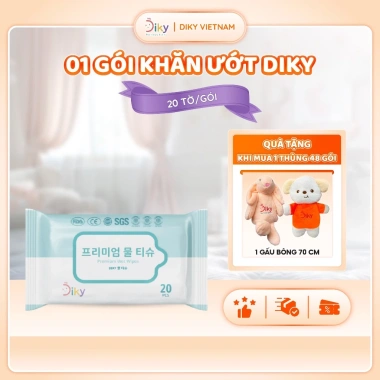 Khăn Ướt DIKY 20 Tờ Gói Nhỏ Tiện Mang - Vải Mềm Mịn, Không Mùi, Dịu Nhẹ Da Nhạy Cảm 3 Khăn Ướt DIKY 20 Tờ Gói Nhỏ Tiện Mang - Vải Mềm Mịn, Không Mùi, Dịu Nhẹ Da Nhạy Cảm 3
