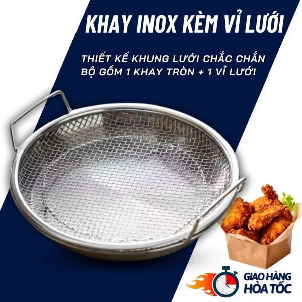 Hình ảnh sản phẩm Khay inox 304 kèm vỉ lưới lọc dầu size 20-22, đa năng đựng thực phẩm chiên rán - 56.1k