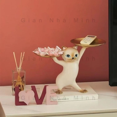 Khay Trang Trí Hình Mèo Resin Cao Cấp - Kim Loại Chống Trầy, 3 Màu Thời Thượng, Đa Năng Đựng Đồ