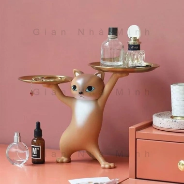 Khay Trang Trí Hình Mèo Resin Cao Cấp - Kim Loại Chống Trầy, 3 Màu Thời Thượng, Đa Năng Đựng Đồ