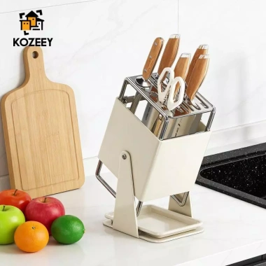 KOZEEY Khối dao nhà bếp xoay đa năng có khay nhỏ giọt, hộp đựng dụng cụ – Tiết kiệm cho gia đình và nhà hàng