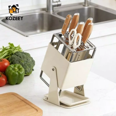 KOZEEY Khối dao nhà bếp xoay đa năng có khay nhỏ giọt, hộp đựng dụng cụ – Tiết kiệm cho gia đình và nhà hàng