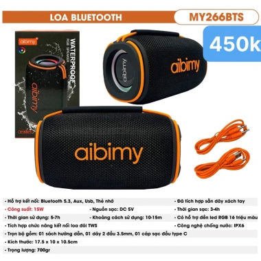 Loa Bluetooth AIBIMY MY266BTS - Âm thanh hay, thiết kế sang trọng, chống nước IPX6, chỉ 450.000₫ 2 Loa Bluetooth AIBIMY MY266BTS - Âm thanh hay, thiết kế sang trọng, chống nước IPX6, chỉ 450.000₫ 2