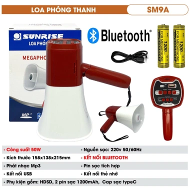 Loa phóng thanh Sunrise SM9A 2 pin 50W - Chính hãng, bền lâu, giảm giá 235.000đ 2 Loa phóng thanh Sunrise SM9A 2 pin 50W - Chính hãng, bền lâu, giảm giá 235.000đ 2