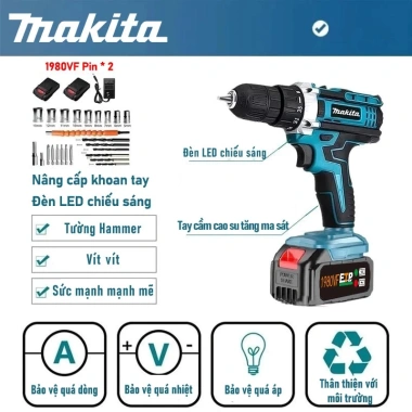 Makita Máy khoan pin 1.980VF 45NM mạnh mẽ, bản gốc, phụ kiện miễn phí, bảo hành 1 năm, giảm còn 444.000 2