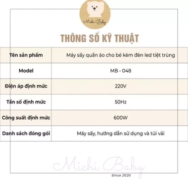 Máy sấy quần áo bé Michi Baby MB048 MC359 - Đèn LED tiệt trùng, giá 1.081.000₫