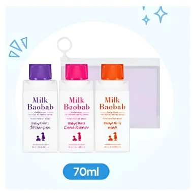 Milk Baobab Kids 3 món + Túi dây kéo, Dầu gội 70ml, Dầu xả, Sữa rửa toàn thân – Bồn tắm nhẹ nhàng, 447.788 VND