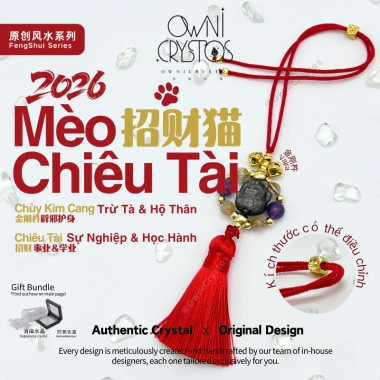Móc treo Mèo Thần Tài Phong Thủy 2.026 Thạch Anh Tím, Vàng, Obsidian Bạc OwniCrystos