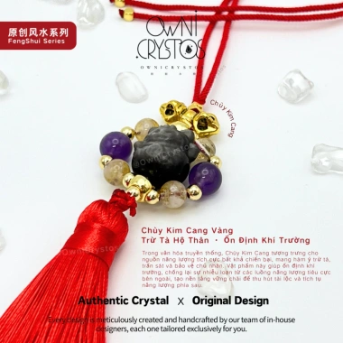 Móc treo Mèo Thần Tài Phong Thủy 2.026 Thạch Anh Tím, Vàng, Obsidian Bạc OwniCrystos